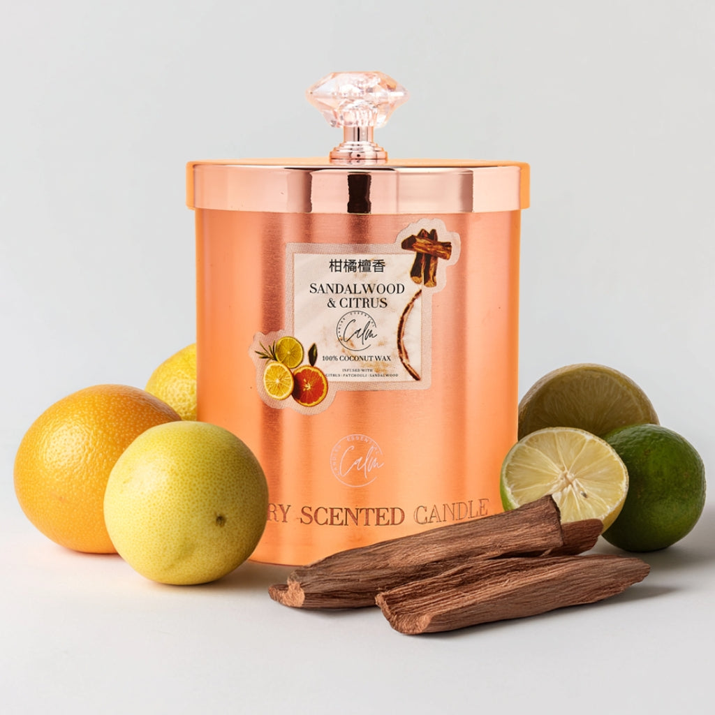 Sandelholz & Zitrus Roségold Metall Kerzenkollektion | Hergestellt mit Premium Kokoswachs & Kirschholzdocht Brenndauer bis zu 60+ Stunden - Calm Candles Essential
