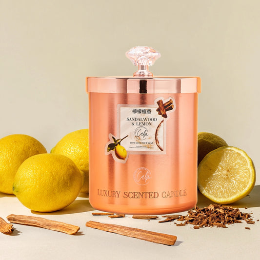 Calm Candles Essential – Sandalwood & Lemon Rose Gold Velvet Collection  | Made with Premium Coconut Wax & Cherry Wooden Wick