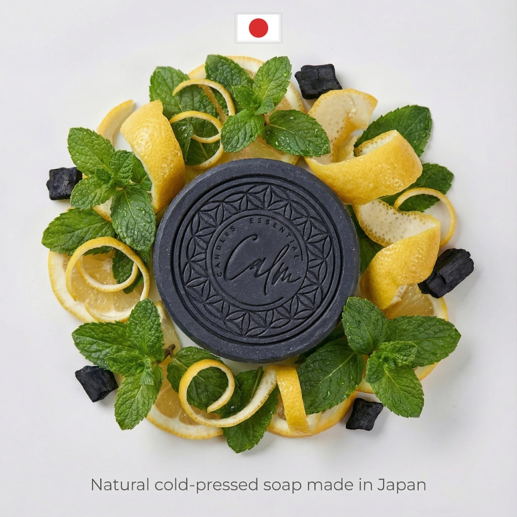 Calm Candles Essential Black Charcoal, Peppermint & Lemon Face + Body Soap – 150g | Made in Japan | Botanical Cleansing Bar with Charcoal, Peppermint & Lemon Peel