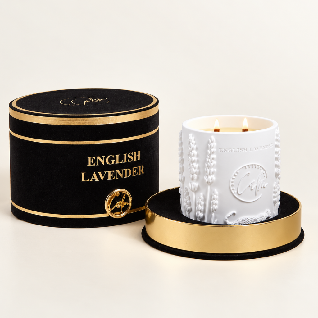 Luxuskerze aus Bienenwachs mit englischem Lavendelduft im Porzellantiegel – 227 g – Zwei Dochte aus Kirschholz – Calm Candles Essential