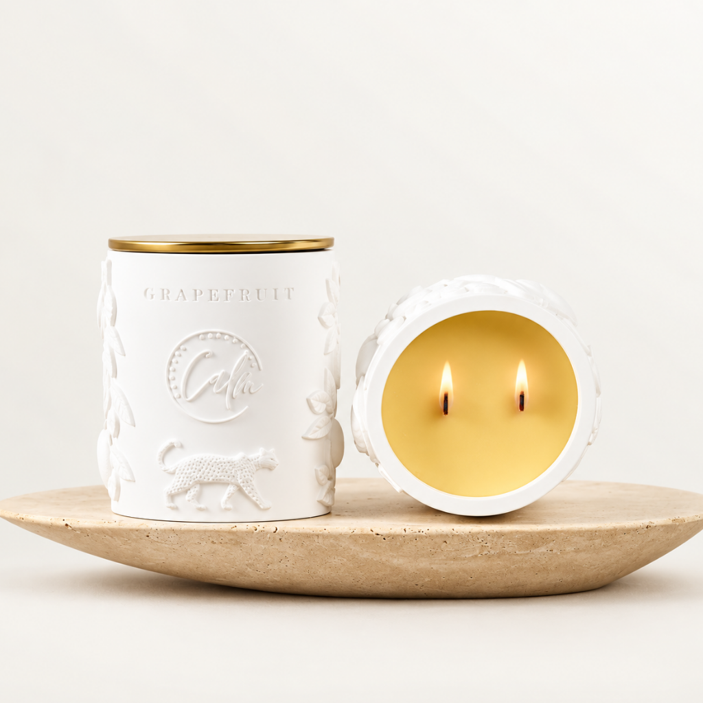 Grapefruit Scented Beeswax Luxury Candle in Porcelain Jar – 8oz Grapefruit Botanical Vegan Candle with Wood Wick | Calm Candles Essential