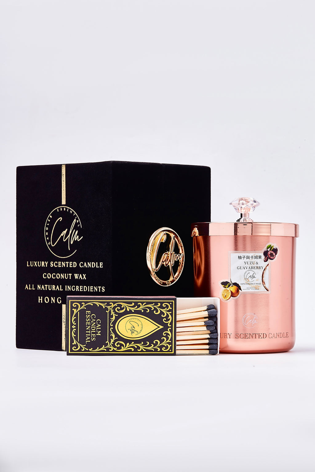 Yuzu & Guavaberry Rose Gold Metall Kerzen Kollektion | Hergestellt aus hochwertigem Kokoswachs & Kirschholzdocht für bis zu 60+ Stunden Brenndauer - Calm Candles Essential