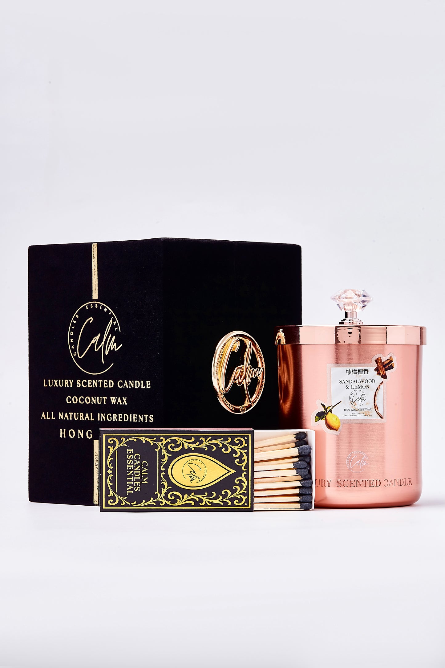 Calm Candles Essential – Sandalwood & Lemon Rose Gold Velvet Collection  | Made with Premium Coconut Wax & Cherry Wooden Wick