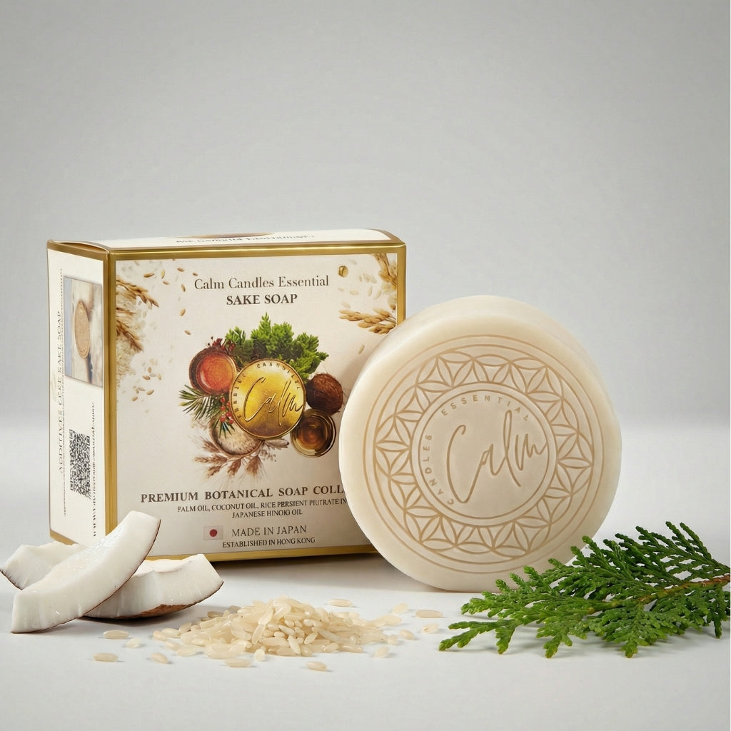Calm Candles Essential Japanese Sake & Hinoki Face + Body Soap – 150g | Made in Japan | Botanical Cleansing Bar with Rice Ferment Filtrate, Hinoki Cypress & Coconut Oil