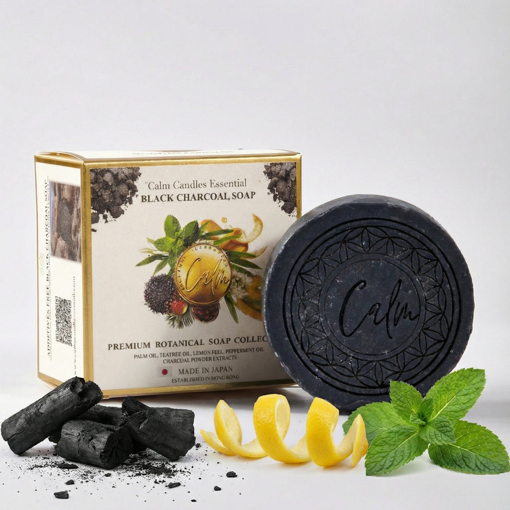 Calm Candles Essential Cold-Pressed Black Charcoal Peppermint Lemon Peel Soap, 150 g, Solid Bar Cleanser, Deep Cleansing & Deodorizing, Refreshing Mint Citrus, Made in Japan