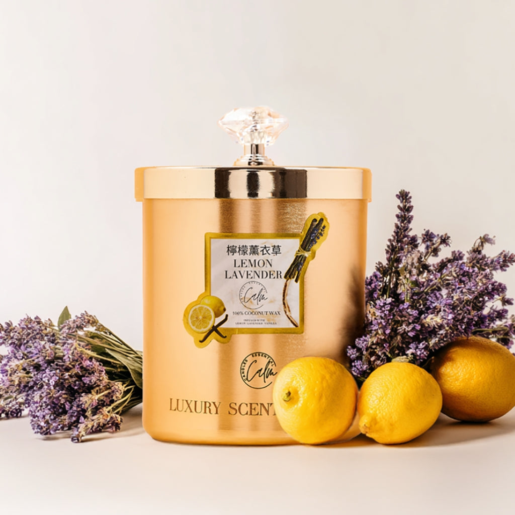 Zitronen- und Lavendelkerzenkollektion aus Goldmetall | Hergestellt aus hochwertigem Kokoswachs und Kirschholzdocht bis zu 60+ Stunden Brenndauer - Calm Candles Essential