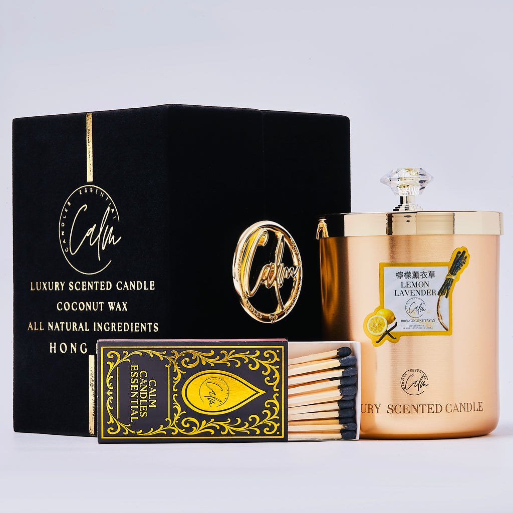 Zitronen- und Lavendelkerzenkollektion aus Goldmetall | Hergestellt aus hochwertigem Kokoswachs und Kirschholzdocht bis zu 60+ Stunden Brenndauer - Calm Candles Essential