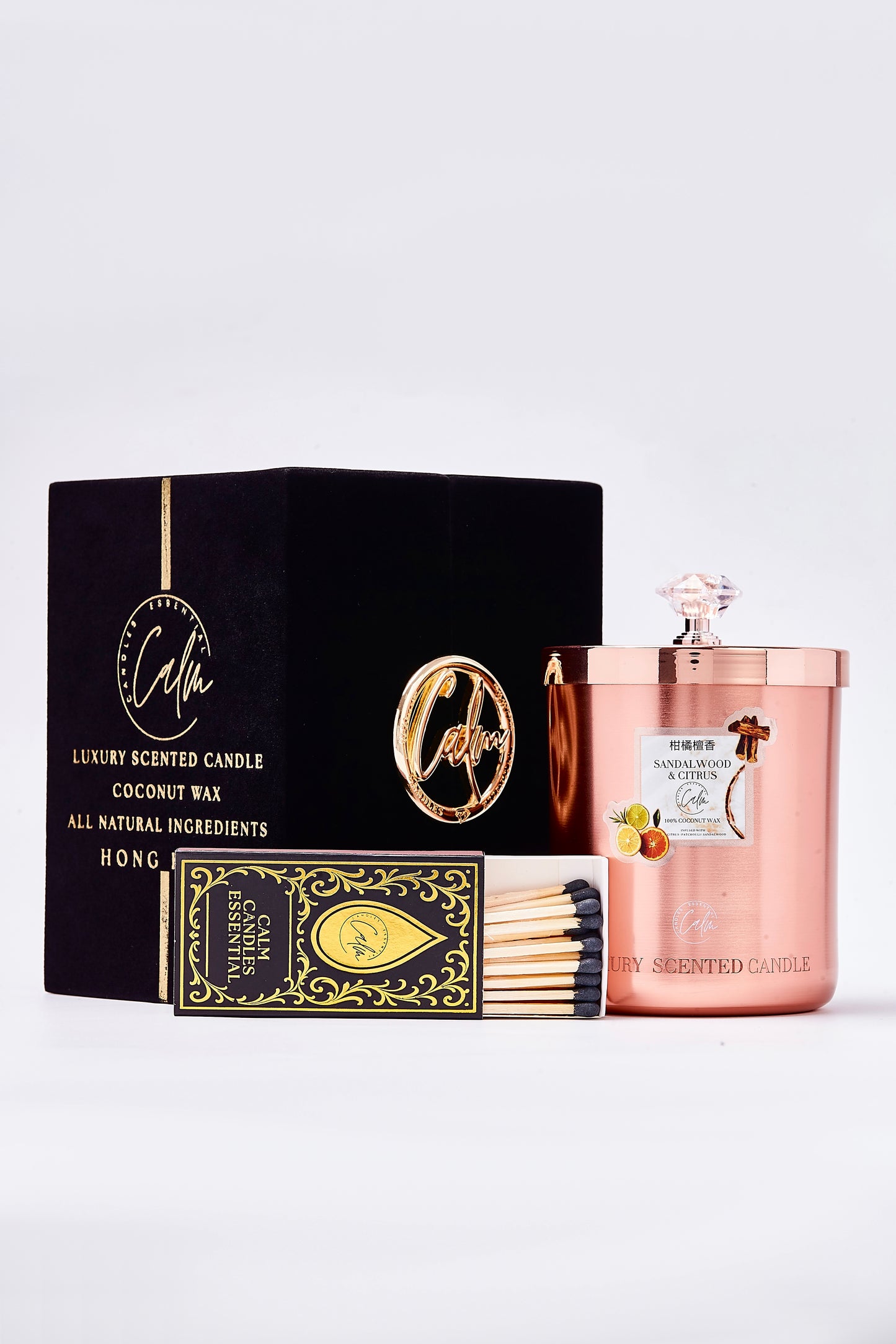 Calm Candles Essential – Sandalwood & Citrus Rose Gold Velvet Collection (11oz / 350ml)  | Made with Premium Coconut Wax & Cherry Wooden Wick