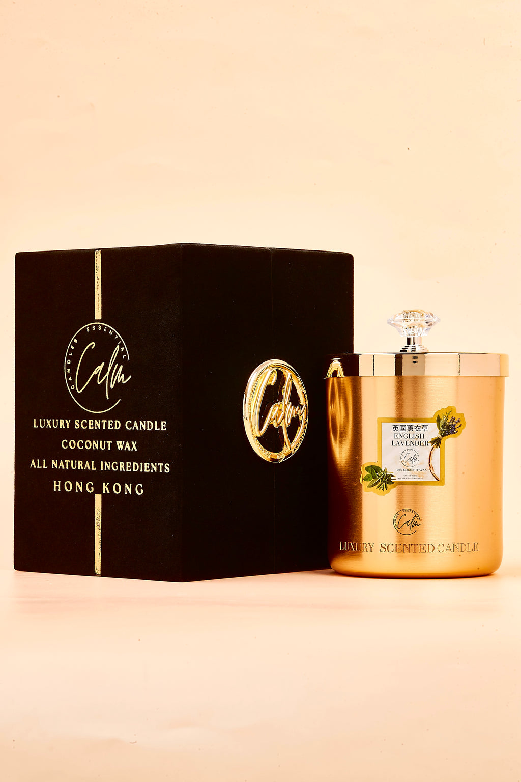 English Lavender Gold Metal Candle Collection | Hergestellt mit hochwertigem Kokosnusswachs & Kirschholzdocht Bis zu 60+ Stunden Brenndauer - Calm Candles Essential