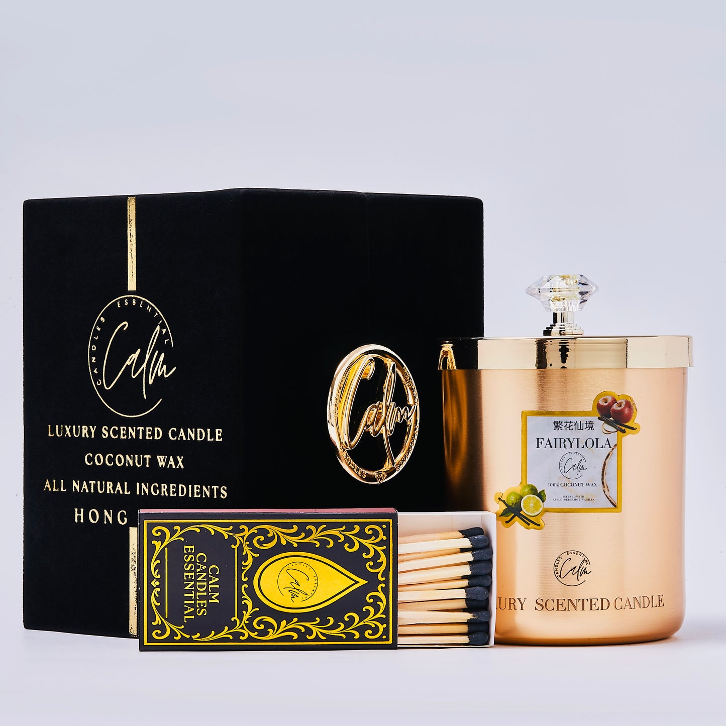 Calm Candles Essential –  Fairylola Gold Metal Velvet Collection | Made with Premium Coconut Wax & Cherry Wooden Wick