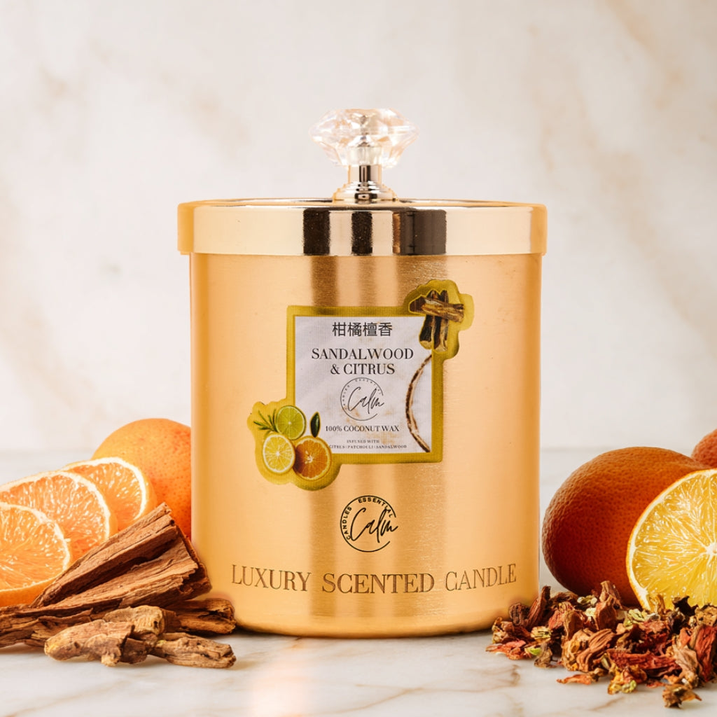Sandelholz & Zitrus Gold Metall Kerzenkollektion | Hergestellt aus Premium-Kokoswachs & Kirschholzdocht Brenndauer bis zu 60+ Stunden - Calm Candles Essential