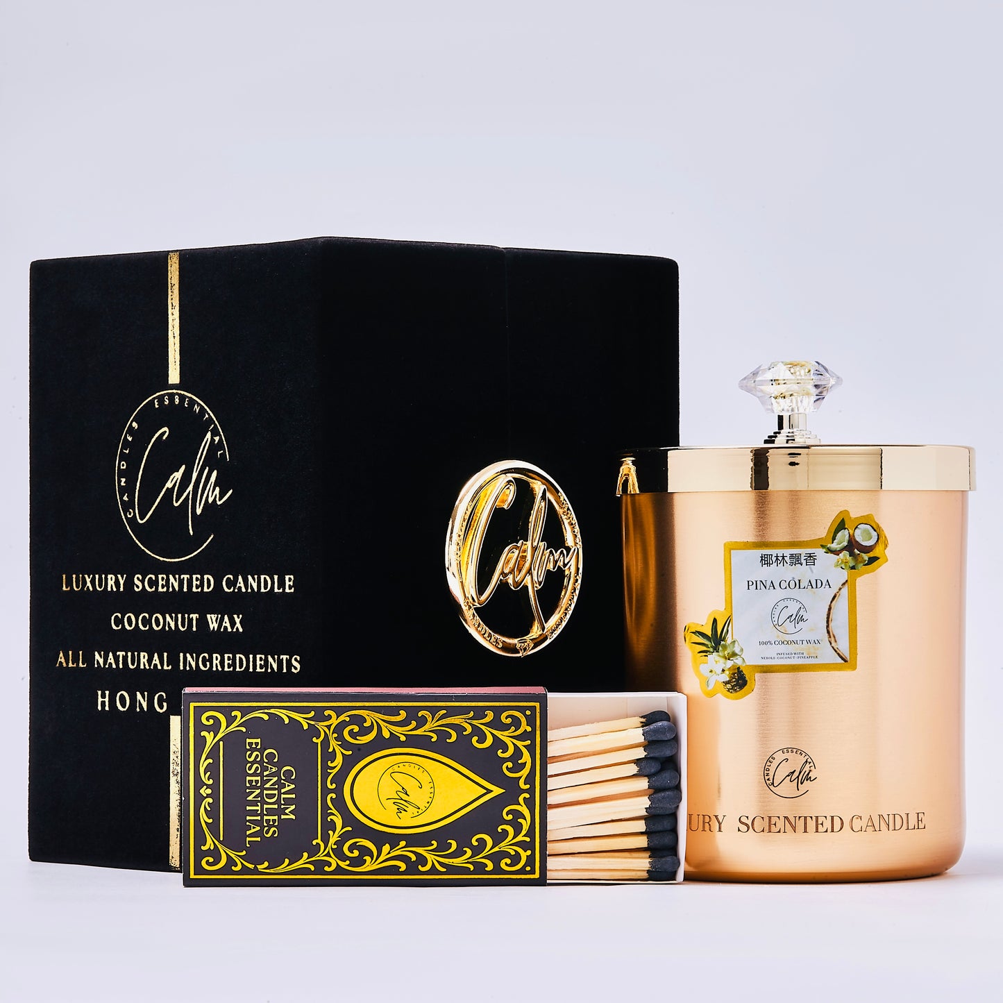 Calm Candles Essential – Piña Colada Gold Velvet Collection | Made with Premium Coconut Wax & Cherry Wooden Wick