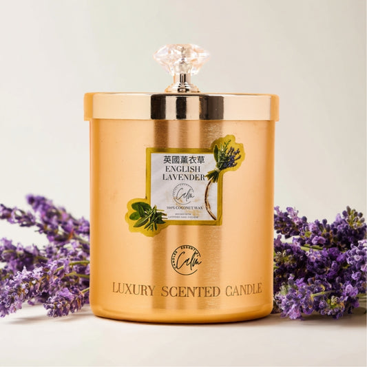 Calm Candles Essential – English Lavender Gold Metal Velvet Collection | Made with Premium Coconut Wax & Cherry Wooden Wick