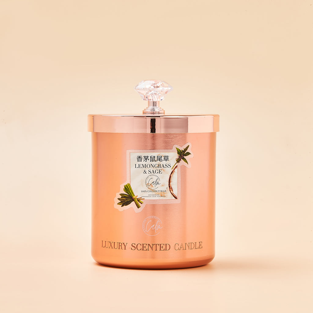 Zitronengras & Salbei Roségold Metallkerzen-Kollektion | Hergestellt mit hochwertigem Kokosnusswachs & Kirschholzdocht bis zu 60+ Stunden Brenndauer - Calm Candles Essential