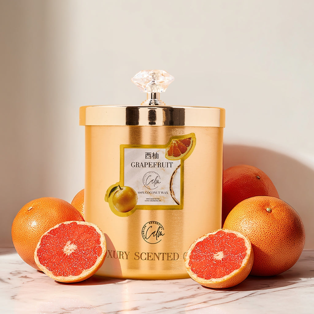 Grapefruit Gold Metal Kerzenkollektion | Hergestellt aus hochwertigem Kokoswachs & Kirschholzdocht Bis zu 60+ Stunden Brenndauer - Calm Candles Essential