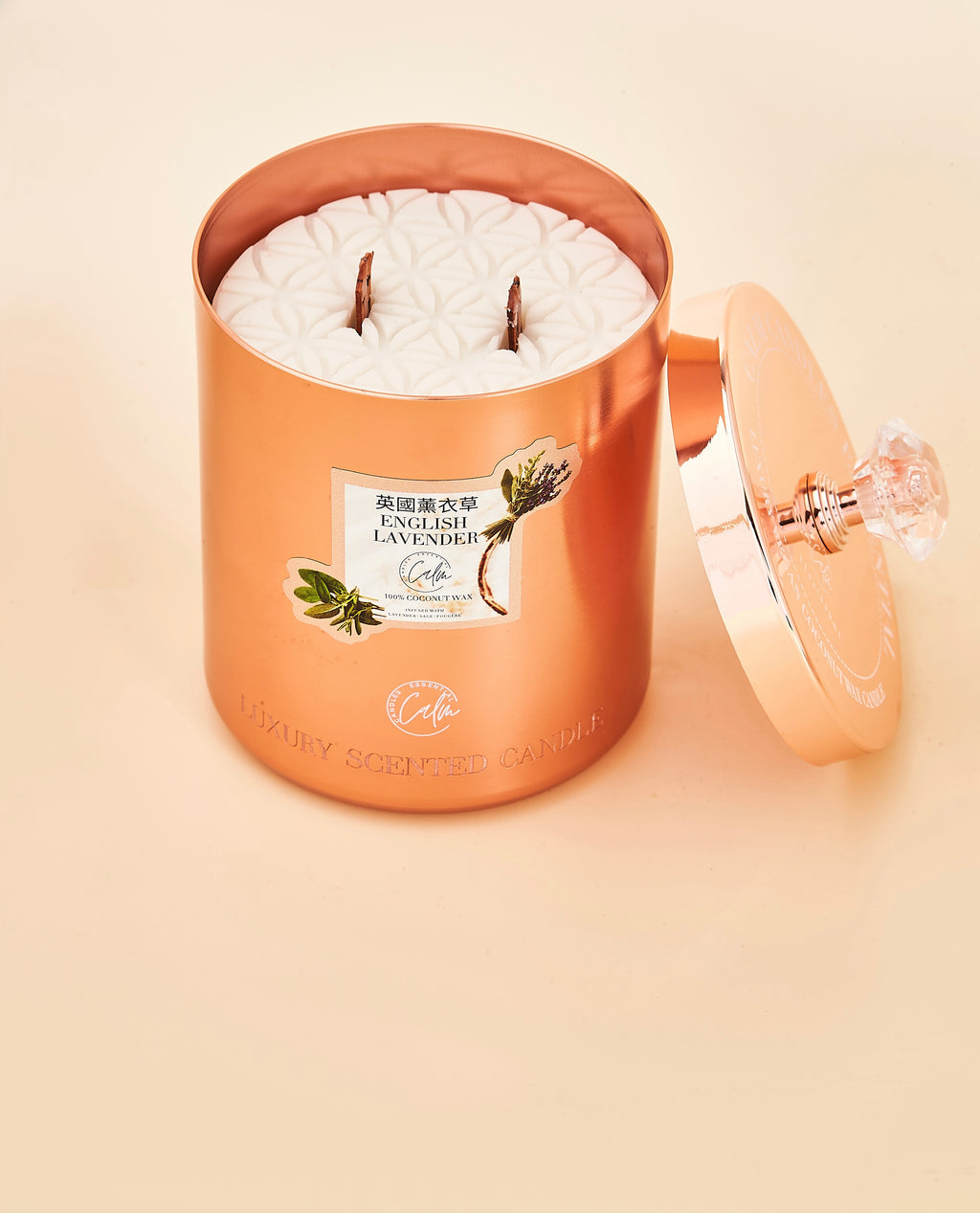 Englische Lavendel Roségold Metall Kerzenkollektion | Hergestellt mit Premium-Kokoswachs & Kirschholzdocht bis zu 60+ Stunden Brenndauer – Ruhige Kerzen Essentiell