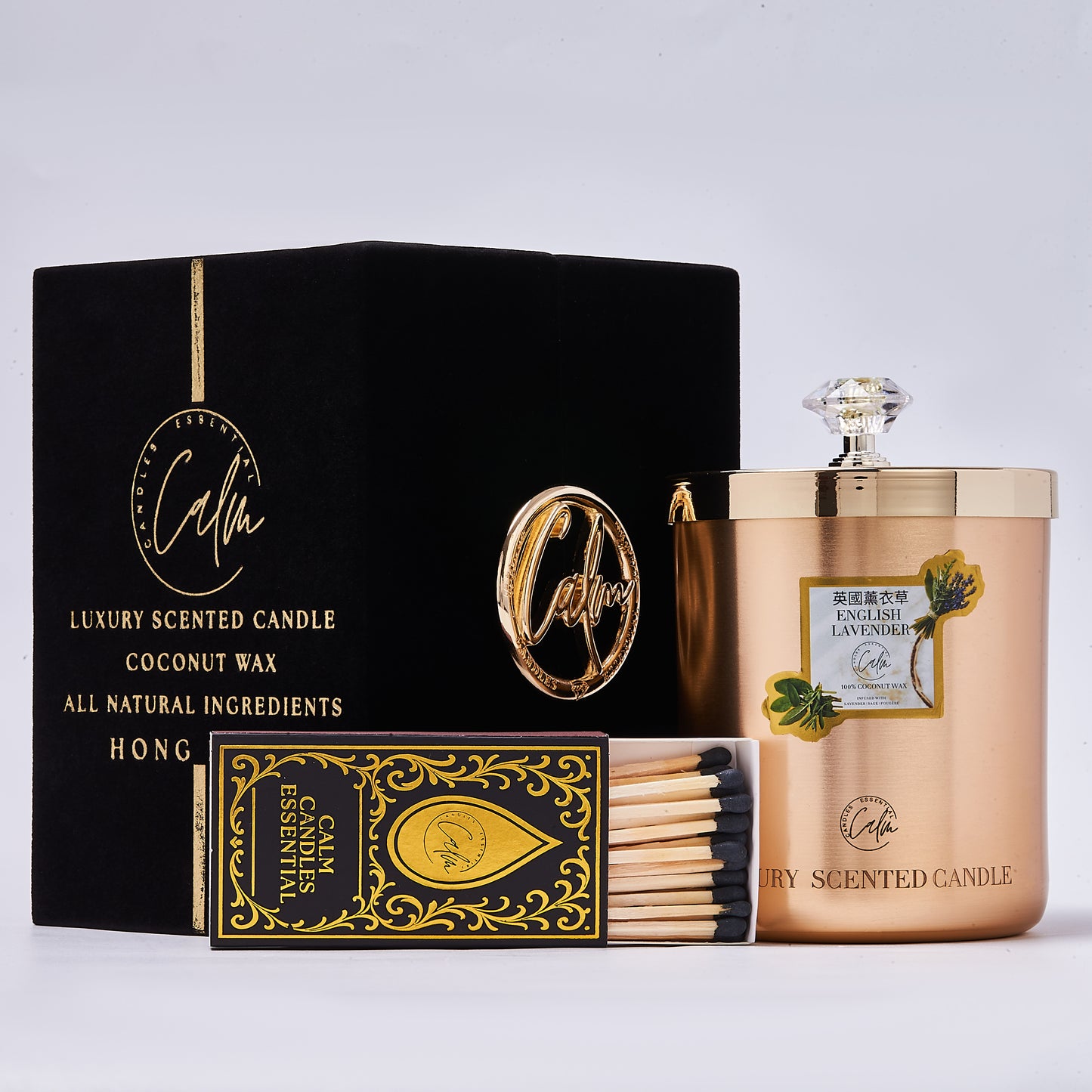 Calm Candles Essential – English Lavender Gold Metal Velvet Collection | Made with Premium Coconut Wax & Cherry Wooden Wick