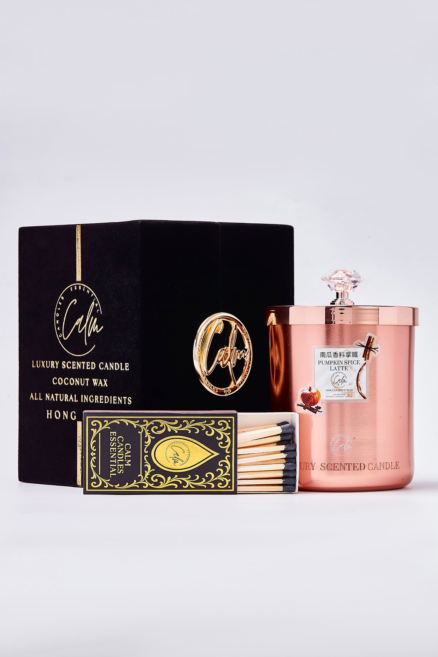 Calm Candles Essential – Pumpkin Spice Latte Rose Gold Velvet Collection | Made with Premium Coconut Wax & Cherry Wooden Wick