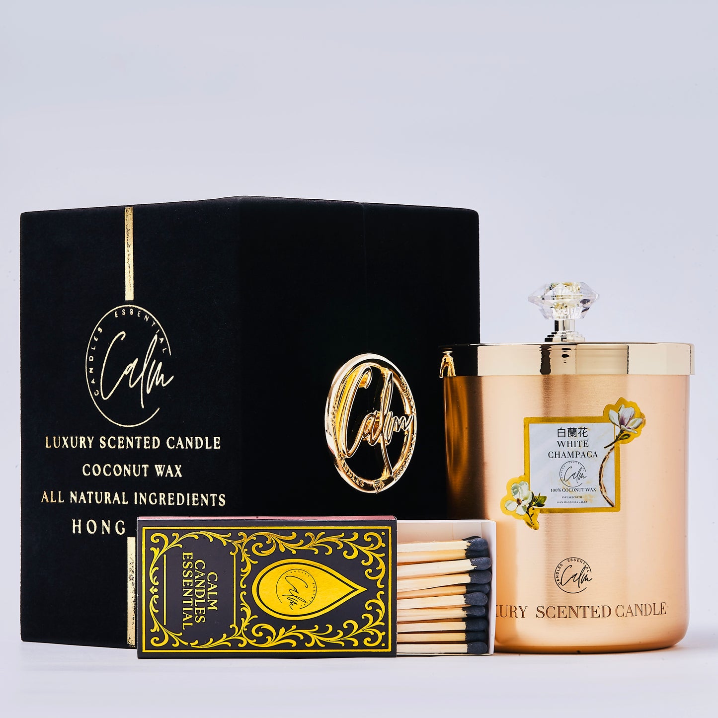 Calm Candles Essential – White Champaca  Gold Velvet Collection | Made with Premium Coconut Wax & Cherry Wooden Wick