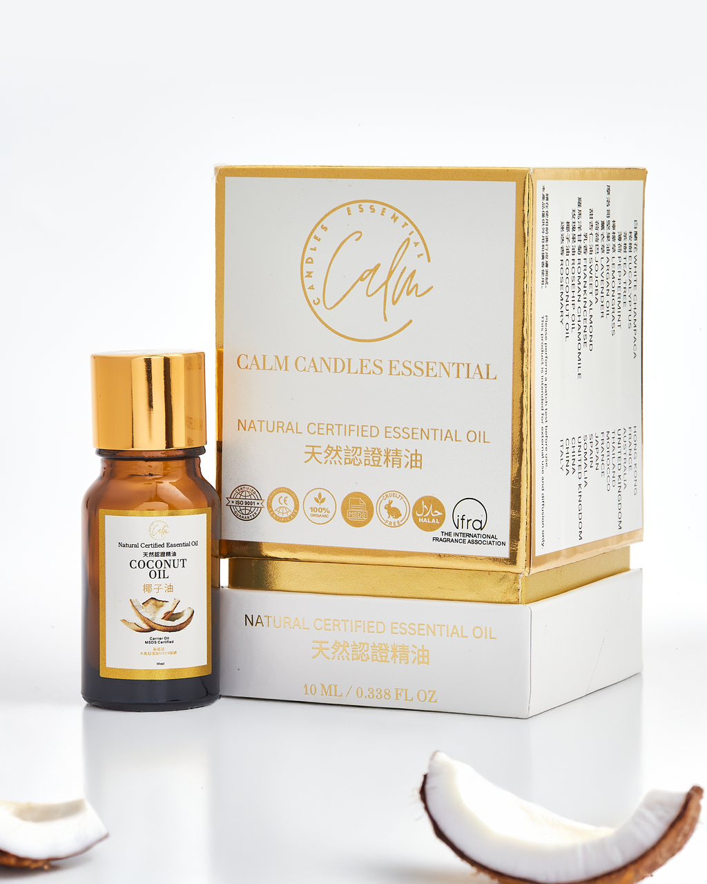 Calm Candles Essential – Kokosnussöl – Zertifiziert Bio, Unverdünnt, Natürliches Ätherisches Öl – Nährende, Feuchtigkeitsspendende & Heilende Aromatherapie – Verbessert die Hautgesundheit & das Allgemeine Wohlbefinden – 10ml