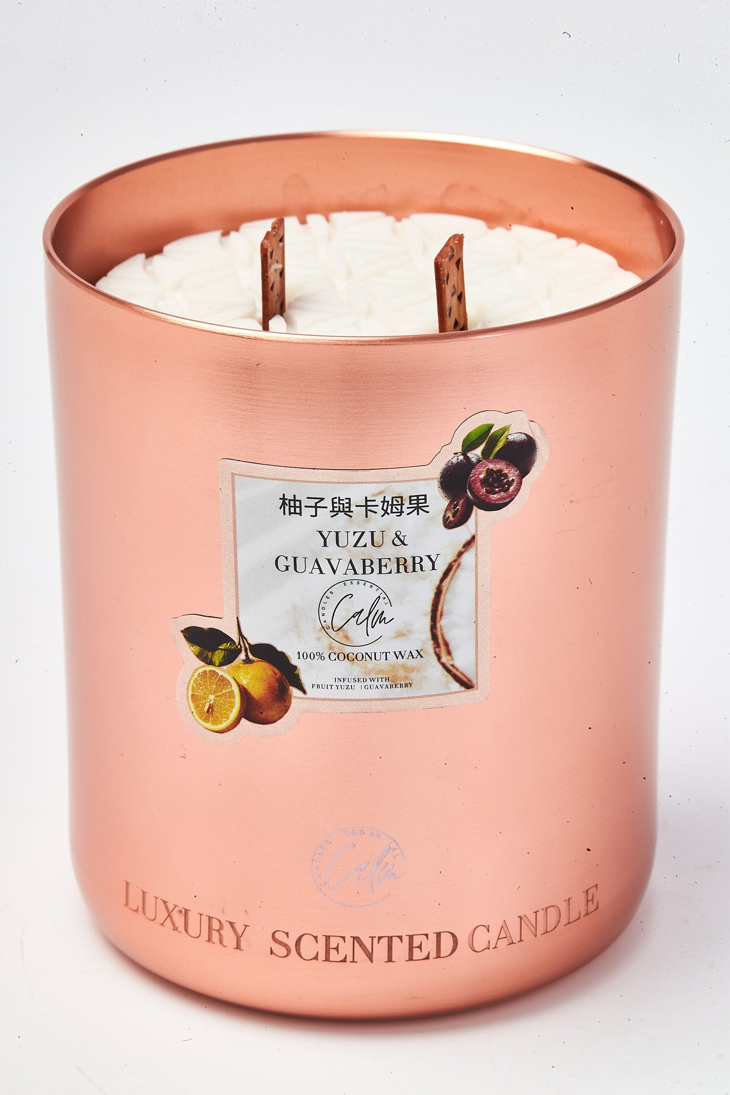 Calm Candles Essential – Yuzu & Guavaberry Metal Gold Velvet Collection  | Made with Premium Coconut Wax & Cherry Wooden Wick