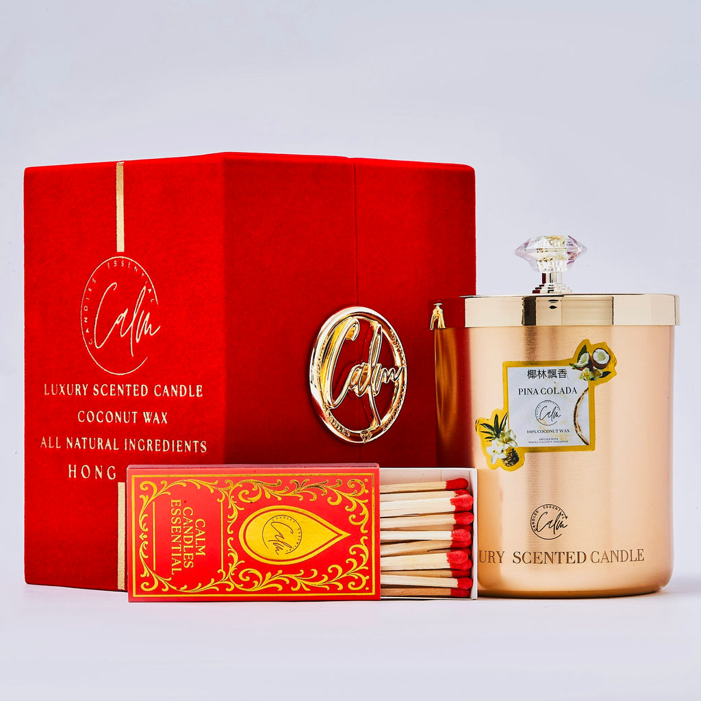 Piña Colada Gold Metall Kerzen-Kollektion | Hergestellt mit Premium-Kokoswachs & Kirschholzdocht bis zu 60+ Stunden Brenndauer – Calm Candles Essential