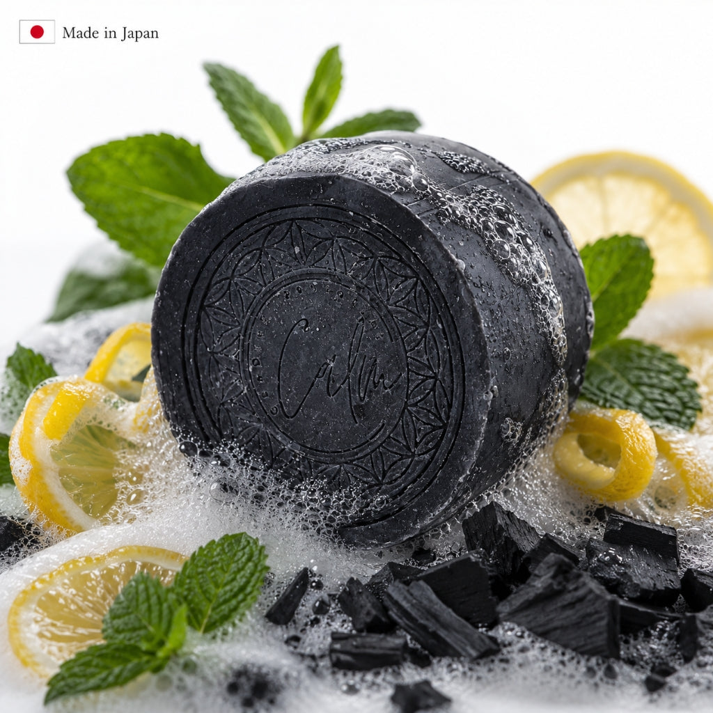 Calm Candles Essential Cold-Pressed Black Charcoal Peppermint Lemon Peel Soap, 150 g, Solid Bar Cleanser, Deep Cleansing & Deodorizing, Refreshing Mint Citrus, Made in Japan
