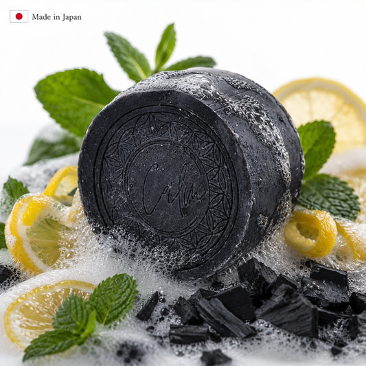 Calm Candles Essential Cold-Pressed Black Charcoal Peppermint Lemon Peel Soap, 150 g, Solid Bar Cleanser, Deep Cleansing & Deodorizing, Refreshing Mint Citrus, Made in Japan