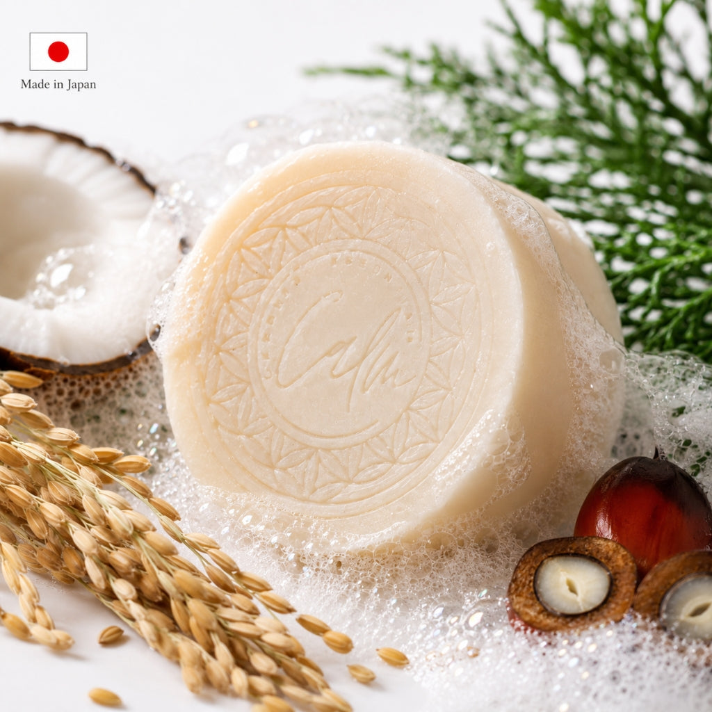 Calm Candles Essential Japanese Sake (Rice Ferment) Soap Bar, 150 g, Solid Face & Body Cleanser, With Rice Ferment Filtrate and Hinoki (Chamaecyparis Obtusa), Coconut Oil & Palm Oil Base, Made in Japan