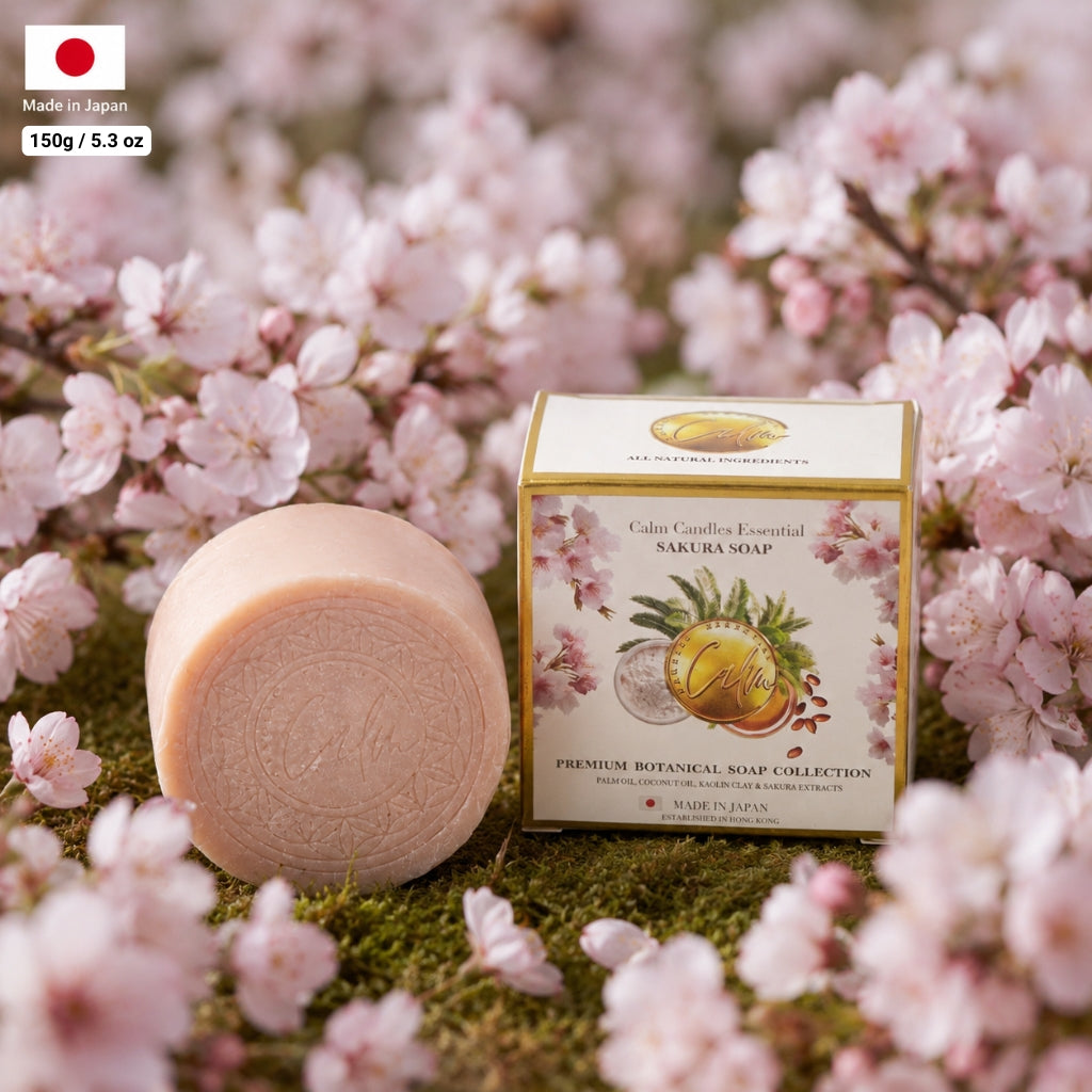 Calm Candles Essential Sakura (Cherry Leaf) Soap Bar, 150 g, Solid Face & Body Cleanser, Kaolin Clay Purifying Care, With Butylene Glycol + Prunus Yedoensis Extract, Coconut Oil & Palm Oil Base, Made in Japan