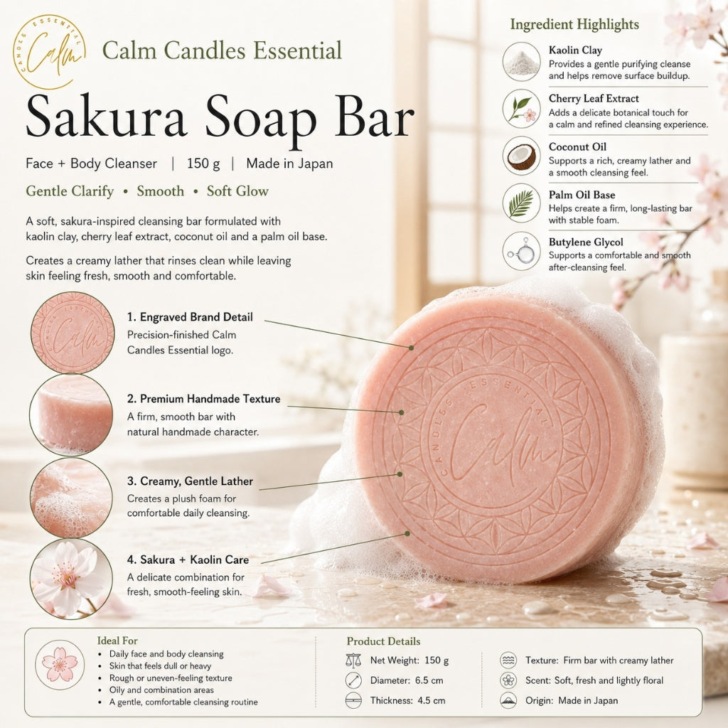 Calm Candles Essential Sakura (Cherry Leaf) Soap Bar, 150 g, Solid Face & Body Cleanser, Kaolin Clay Purifying Care, With Butylene Glycol + Prunus Yedoensis Extract, Coconut Oil & Palm Oil Base, Made in Japan