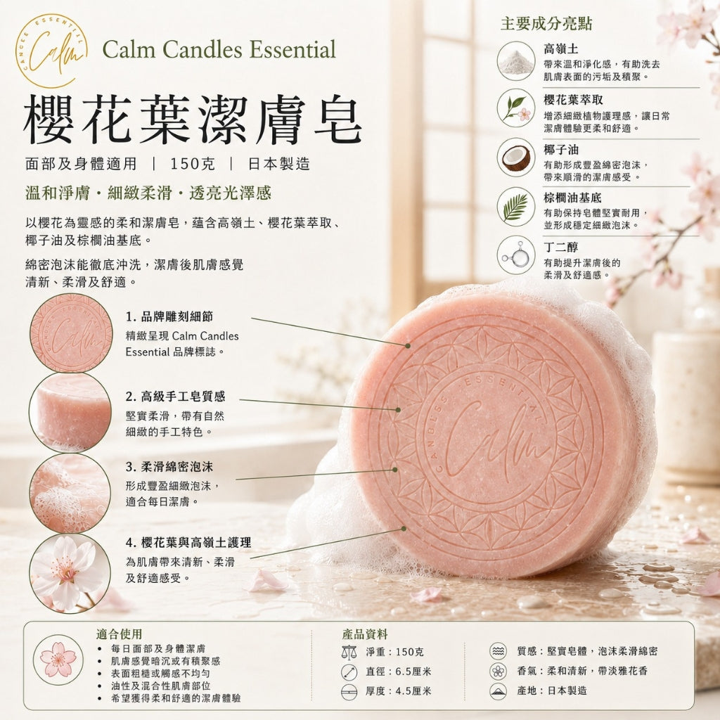 Calm Candles Essential Sakura (Cherry Leaf) Soap Bar, 150 g, Solid Face & Body Cleanser, Kaolin Clay Purifying Care, With Butylene Glycol + Prunus Yedoensis Extract, Coconut Oil & Palm Oil Base, Made in Japan
