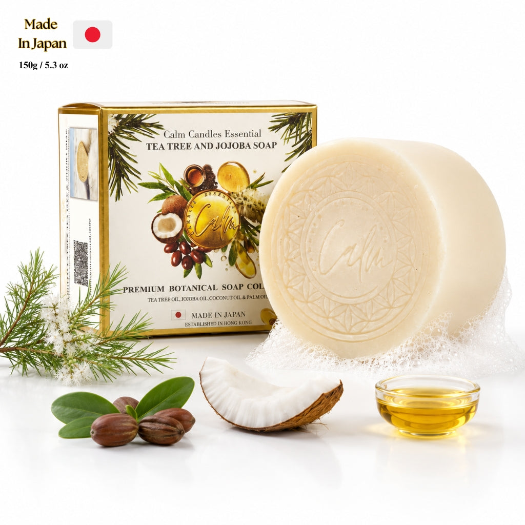 Calm Candles Essential Tea Tree & Jojoba Face + Body Soap – 150g | Made in Japan | Botanical Cleansing Bar with Tea Tree, Jojoba, Coconut & Palm Oils