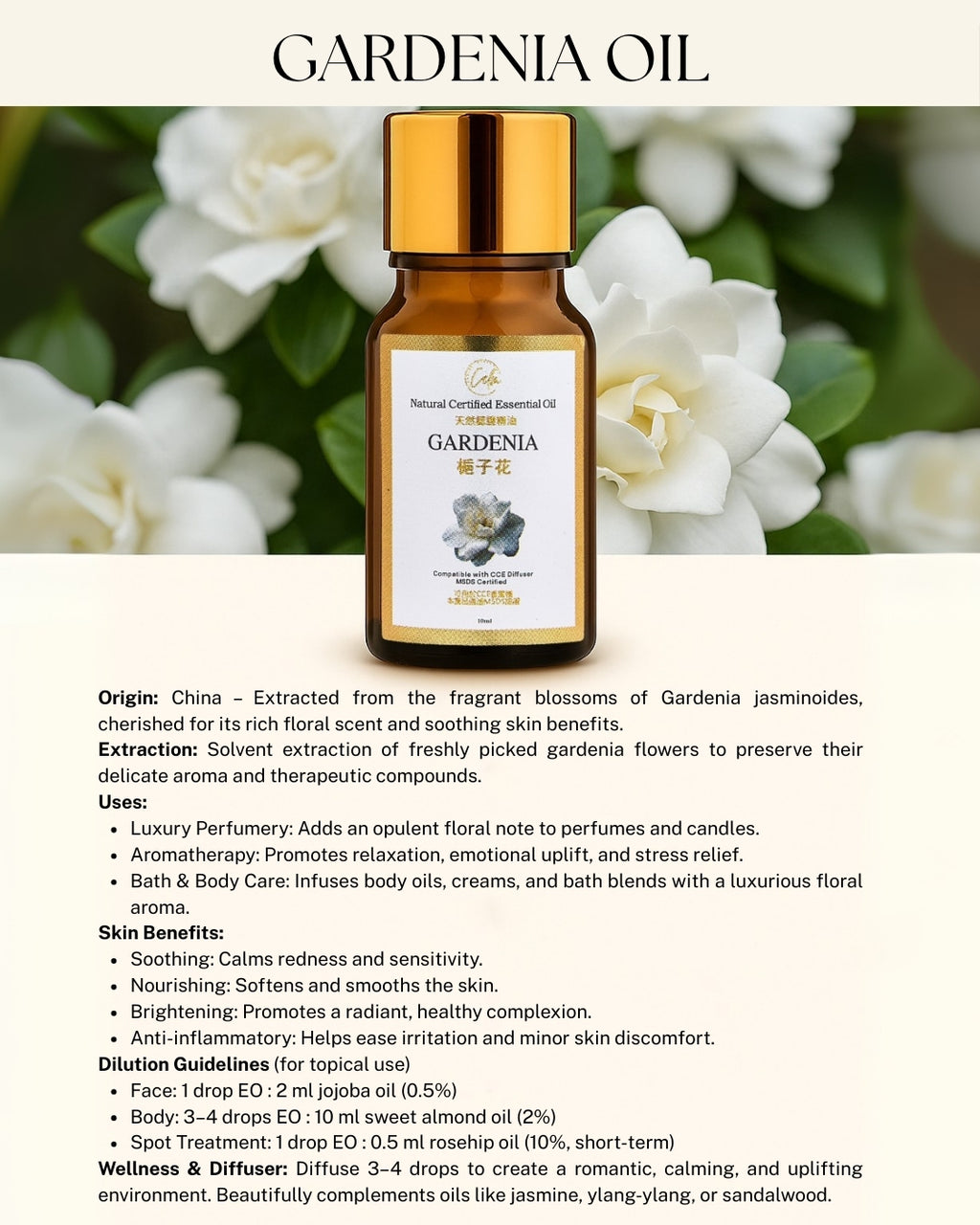 Calm Candles Essential – Gardenia Ätherisches Öl 10ml – Reine Blumen-Aromatherapie zur Linderung von Angstzuständen, Förderung von Schlaf & Stimmung | Für Diffusor geeignet