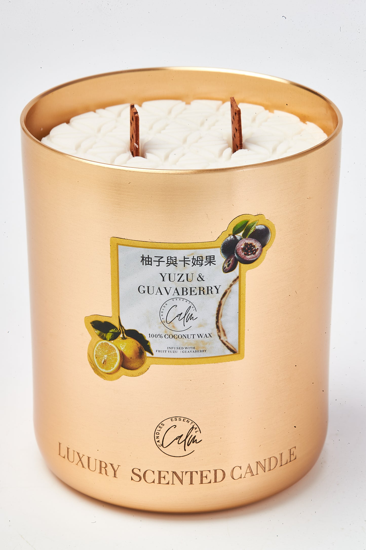 Calm Candles Essential – Yuzu & Guavaberry Metal Gold Velvet Collection  | Made with Premium Coconut Wax & Cherry Wooden Wick
