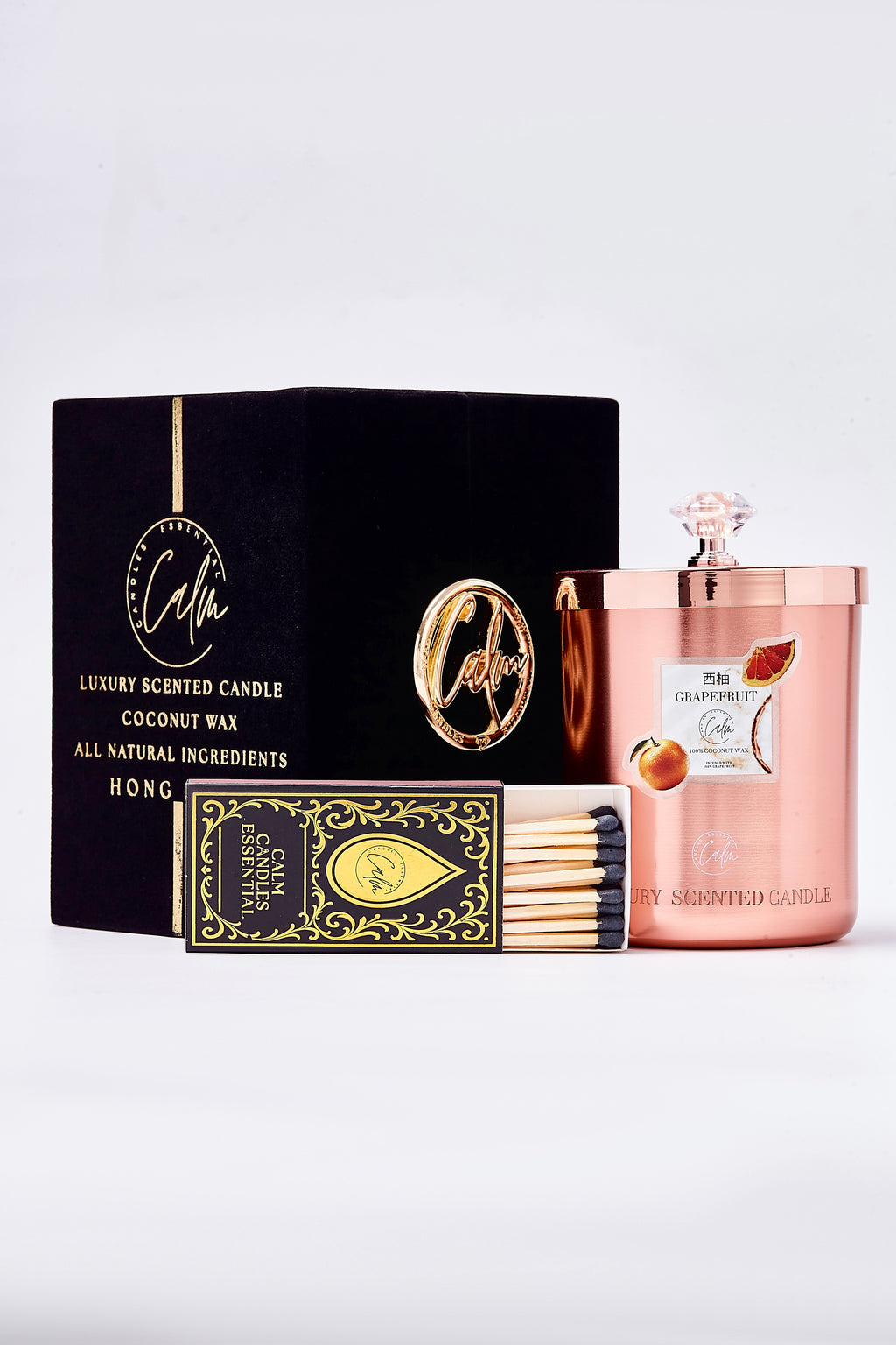 Grapefruit Roségold-Metall-Kerzenkollektion | Hergestellt aus Premium-Kokosnusswachs & Kirschholzdocht Bis zu 60+ Stunden Brenndauer - Calm Candles Essential