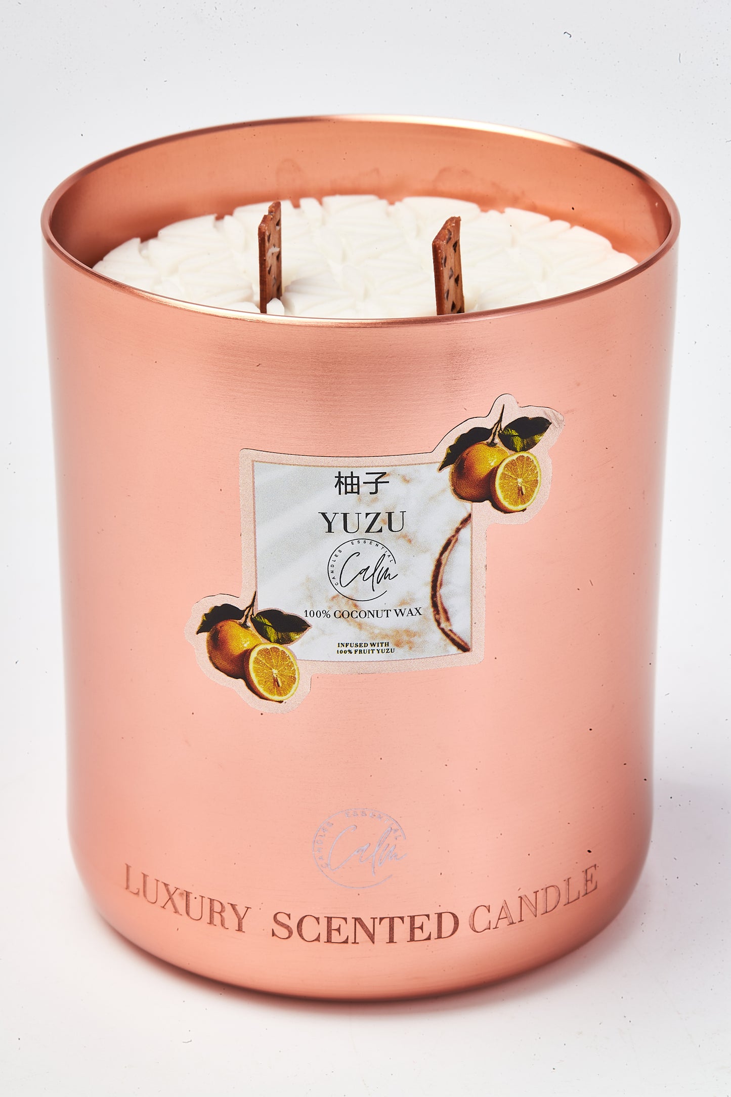 Calm Candles Essential – Yuzu Rose Gold Velvet Collection | Made with Premium Coconut Wax & Cherry Wooden Wick