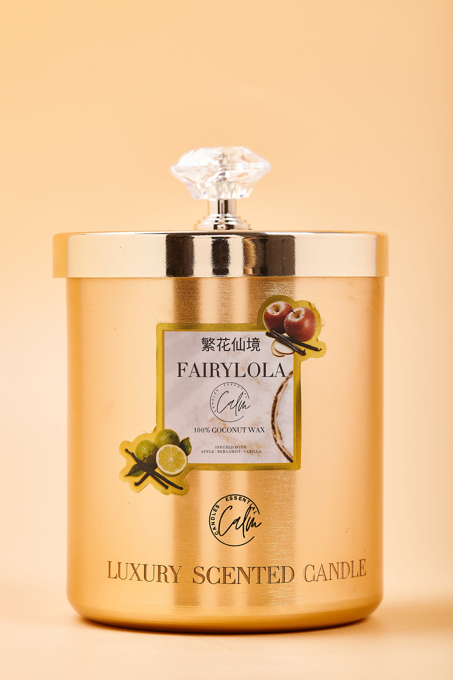 Calm Candles Essential – 11oz / 350ml Fairylola Gold Metal Velvet Collection | Made with Premium Coconut Wax & Cherry Wooden Wick