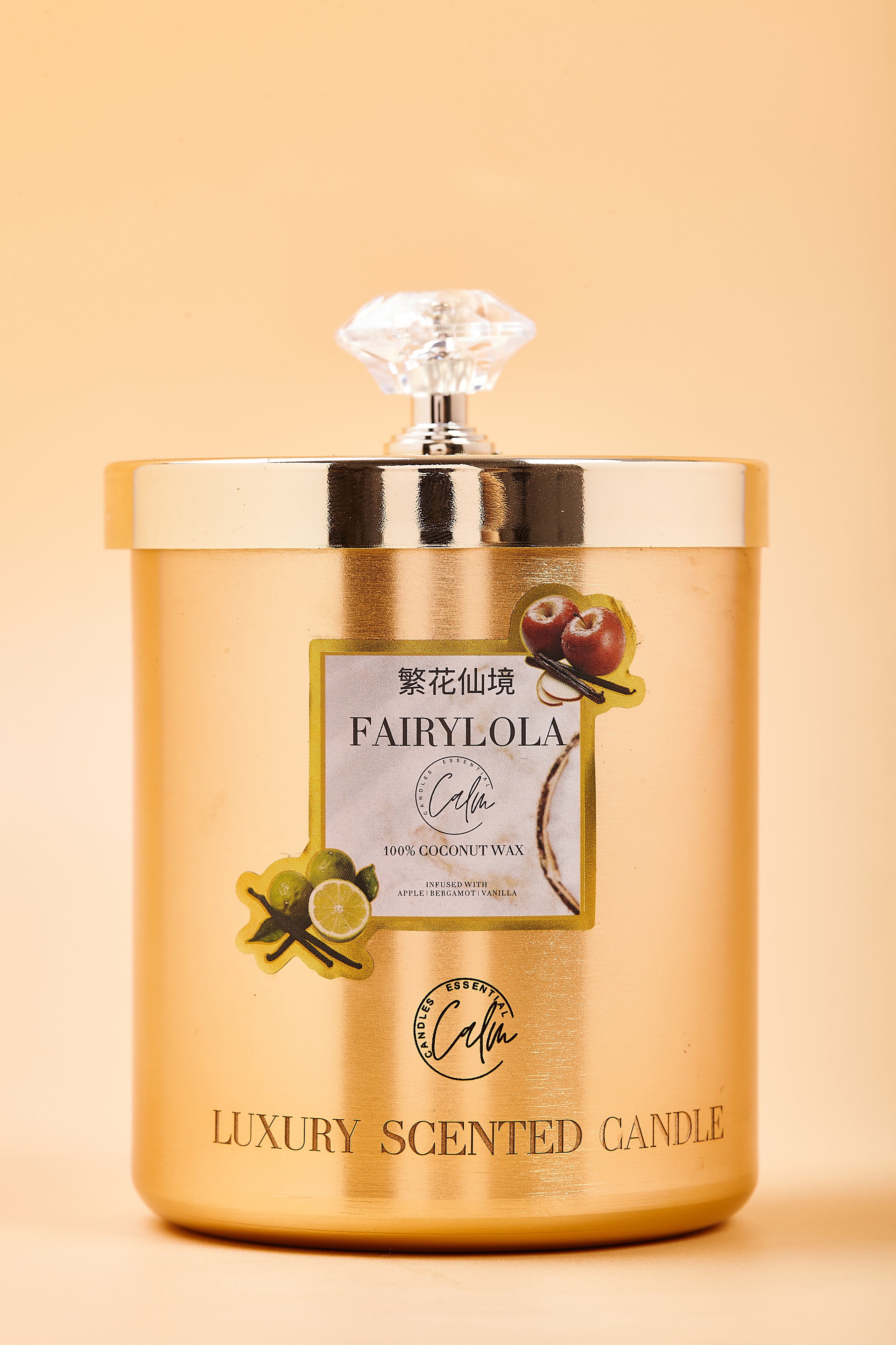 Fairylola Gold Metal Kerzenkollektion | Hergestellt mit Premium Kokoswachs & Kirschholzdocht Bis zu 60+ Stunden Brenndauer - Calm Candles Essential