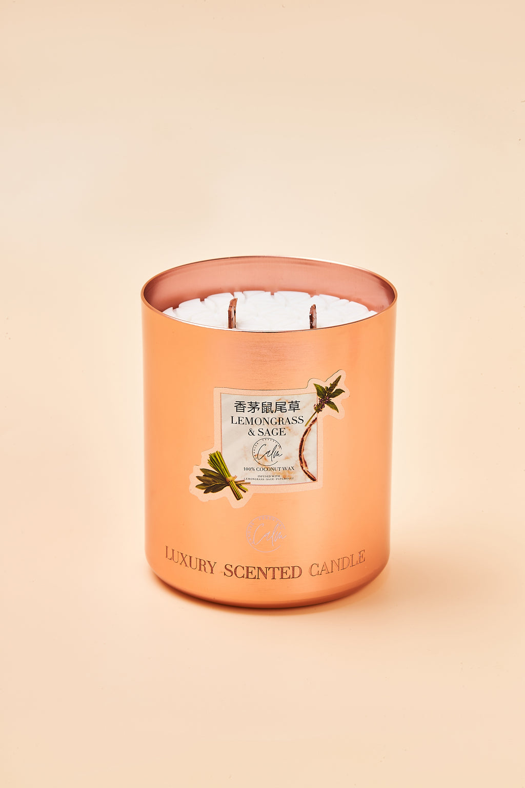 Zitronengras & Salbei Roségold Metallkerzen-Kollektion | Hergestellt mit hochwertigem Kokosnusswachs & Kirschholzdocht bis zu 60+ Stunden Brenndauer - Calm Candles Essential