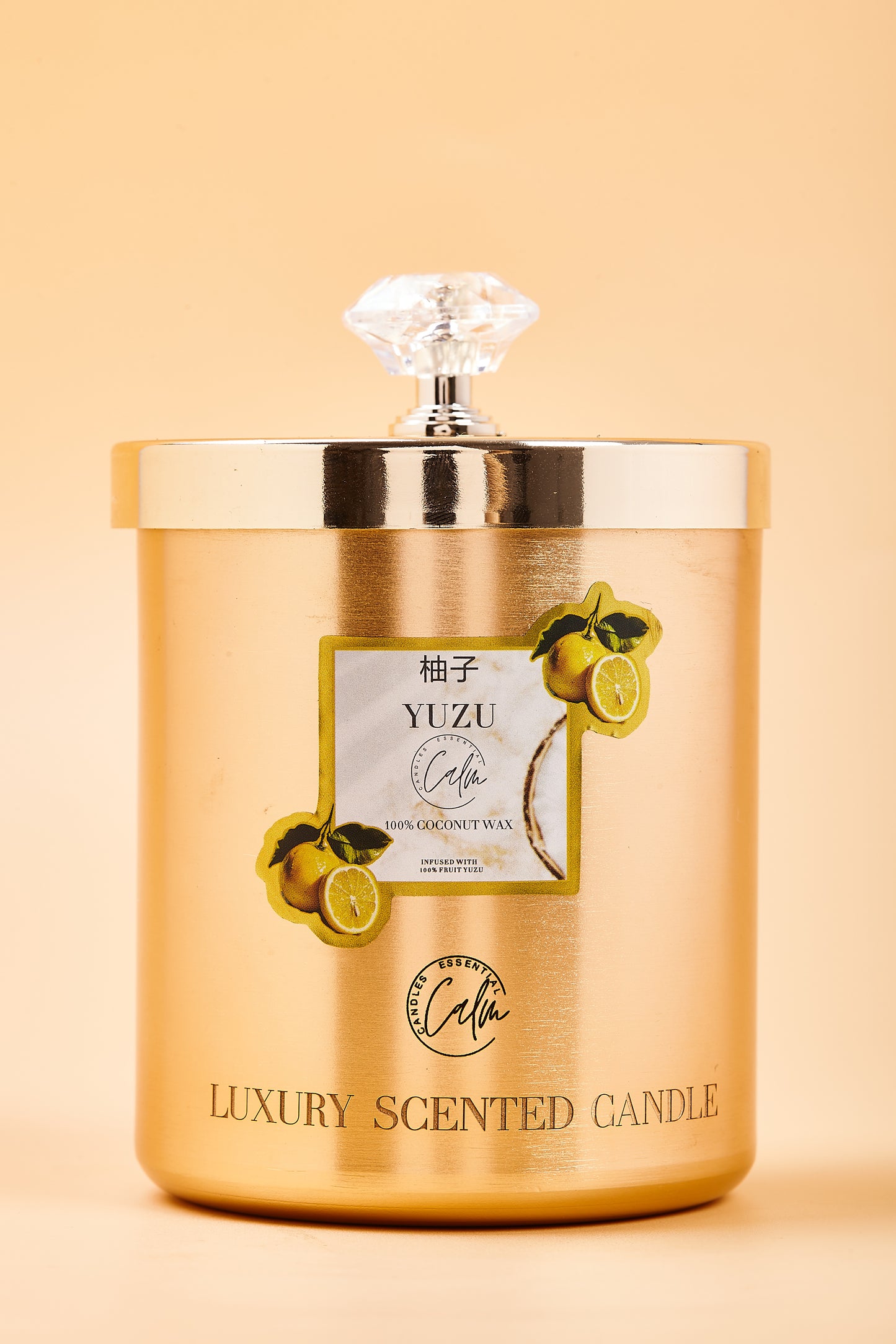 Calm Candles Essential – 11oz / 350ml Yuzu Gold Metal Velvet Collection | Made with Premium Coconut Wax & Cherry Wooden Wick