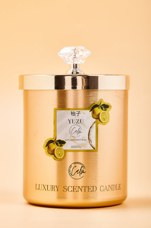 Calm Candles Essential – 11oz / 350ml Yuzu Gold Metal Velvet Collection | Made with Premium Coconut Wax & Cherry Wooden Wick