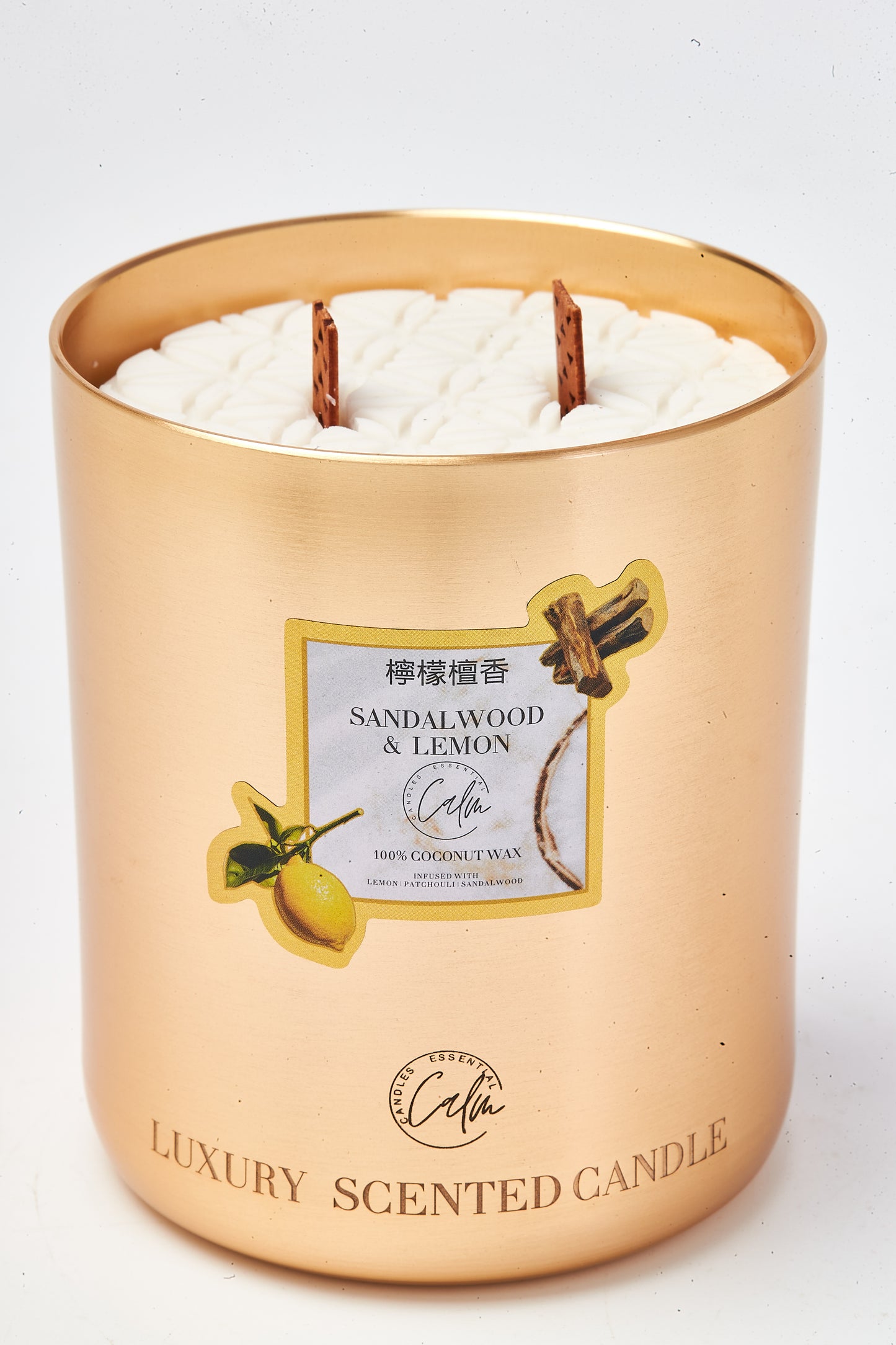 Calm Candles Essential – Sandalwood & Lemon Metal Gold Velvet Collection  | Made with Premium Coconut Wax & Cherry Wooden Wick