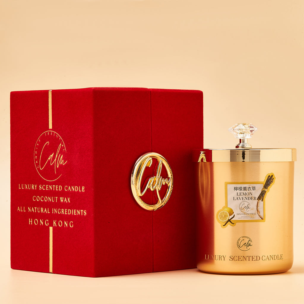 Zitronen- und Lavendelkerzenkollektion aus Goldmetall | Hergestellt aus hochwertigem Kokoswachs und Kirschholzdocht bis zu 60+ Stunden Brenndauer - Calm Candles Essential