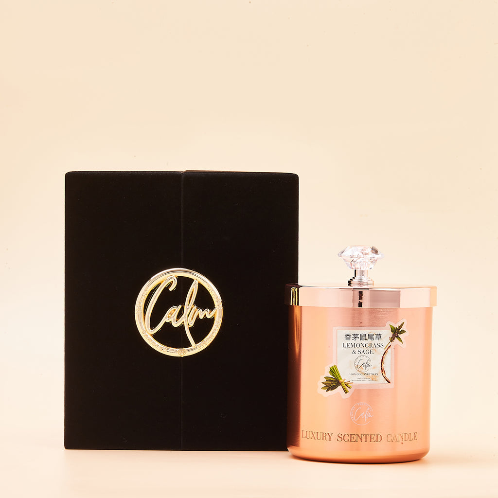 Zitronengras & Salbei Roségold Metallkerzen-Kollektion | Hergestellt mit hochwertigem Kokosnusswachs & Kirschholzdocht bis zu 60+ Stunden Brenndauer - Calm Candles Essential