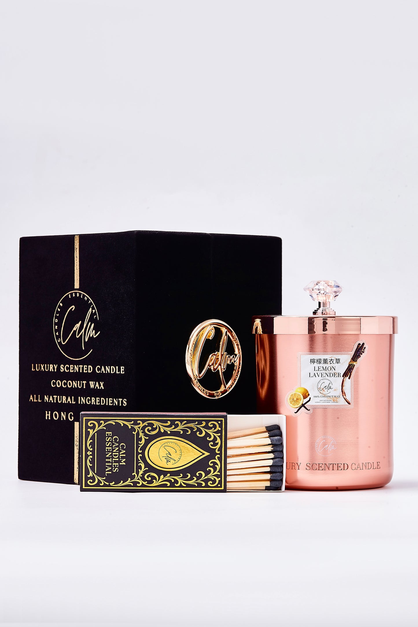 Calm Candles Essential – Lemon & Lavender Rose Gold Velvet Collection | Made with Premium Coconut Wax & Cherry Wooden Wick
