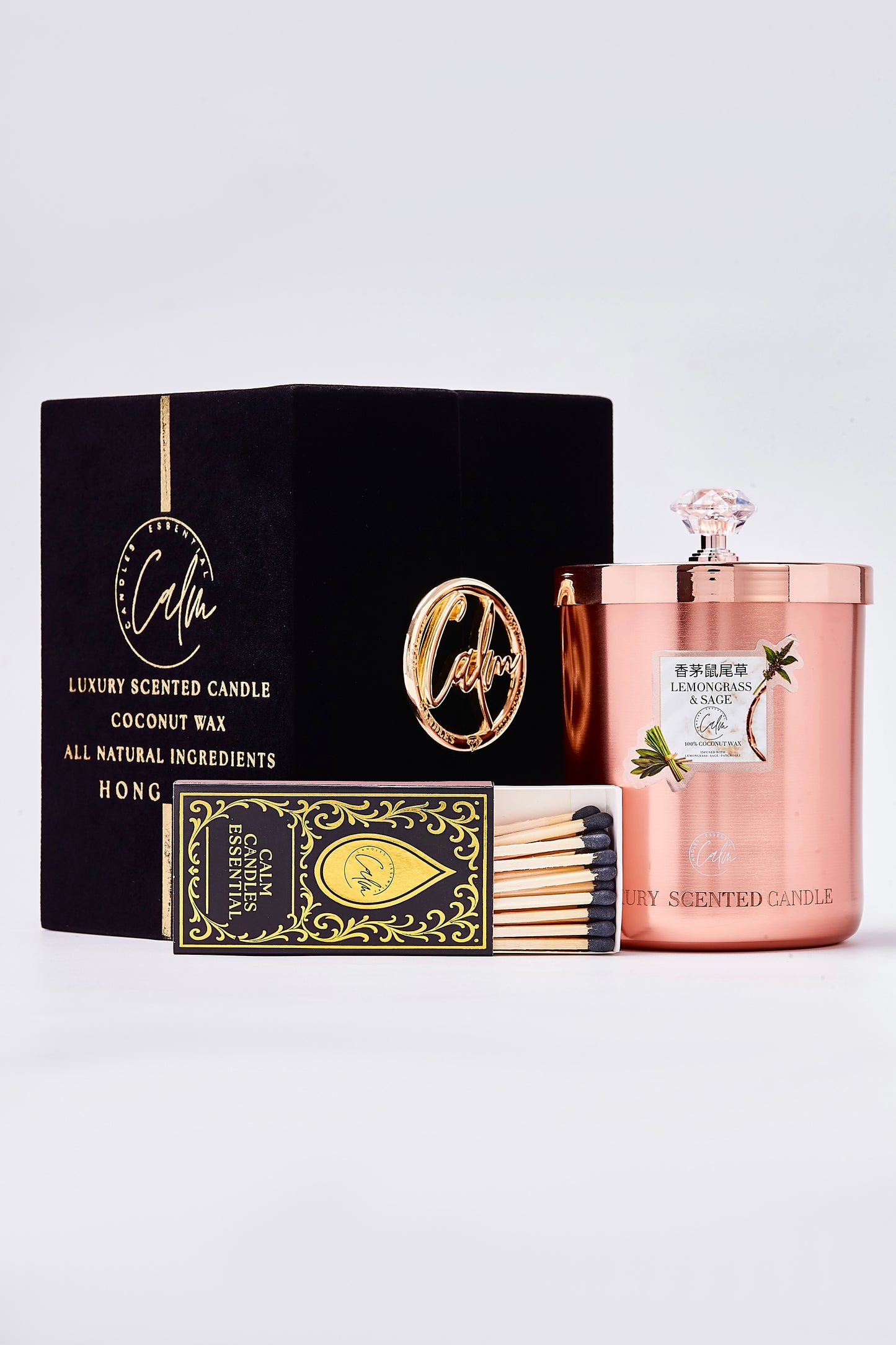 Calm Candles Essential – Lemongrass & Sage Rose Gold Metal Velvet Collection | Made with Premium Coconut Wax & Cherry Wooden Wick