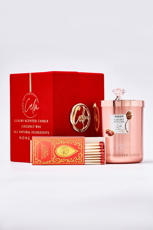 Calm Candles Essential – Caramel Cupcake Rose Gold Velvet Collection | Made with Premium Coconut Wax & Cherry Wooden Wick
