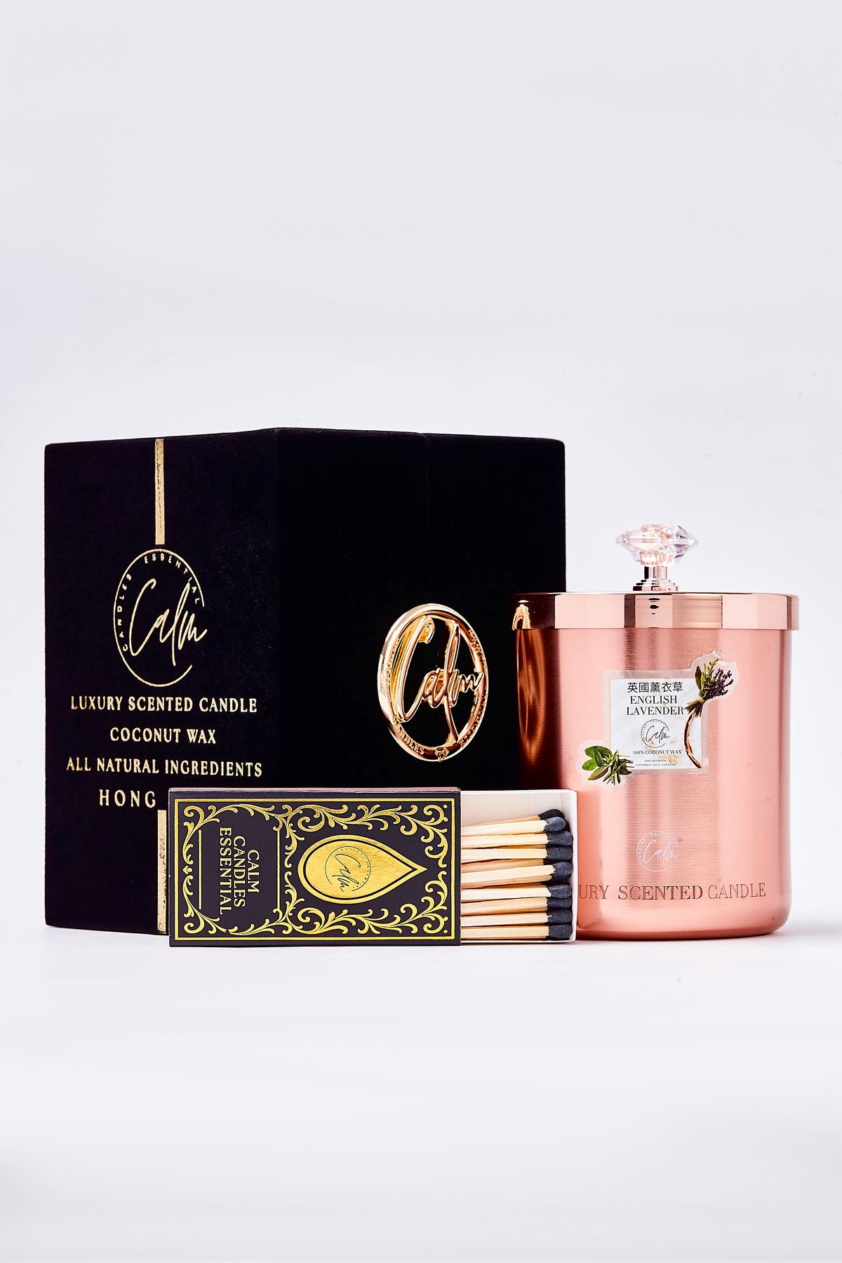 English Lavender Rose Gold Metal Candle Collection | Made with Premium Coconut Wax & Cherry Wooden Wick Up to 60+ hours burn - Calm Candles Essential