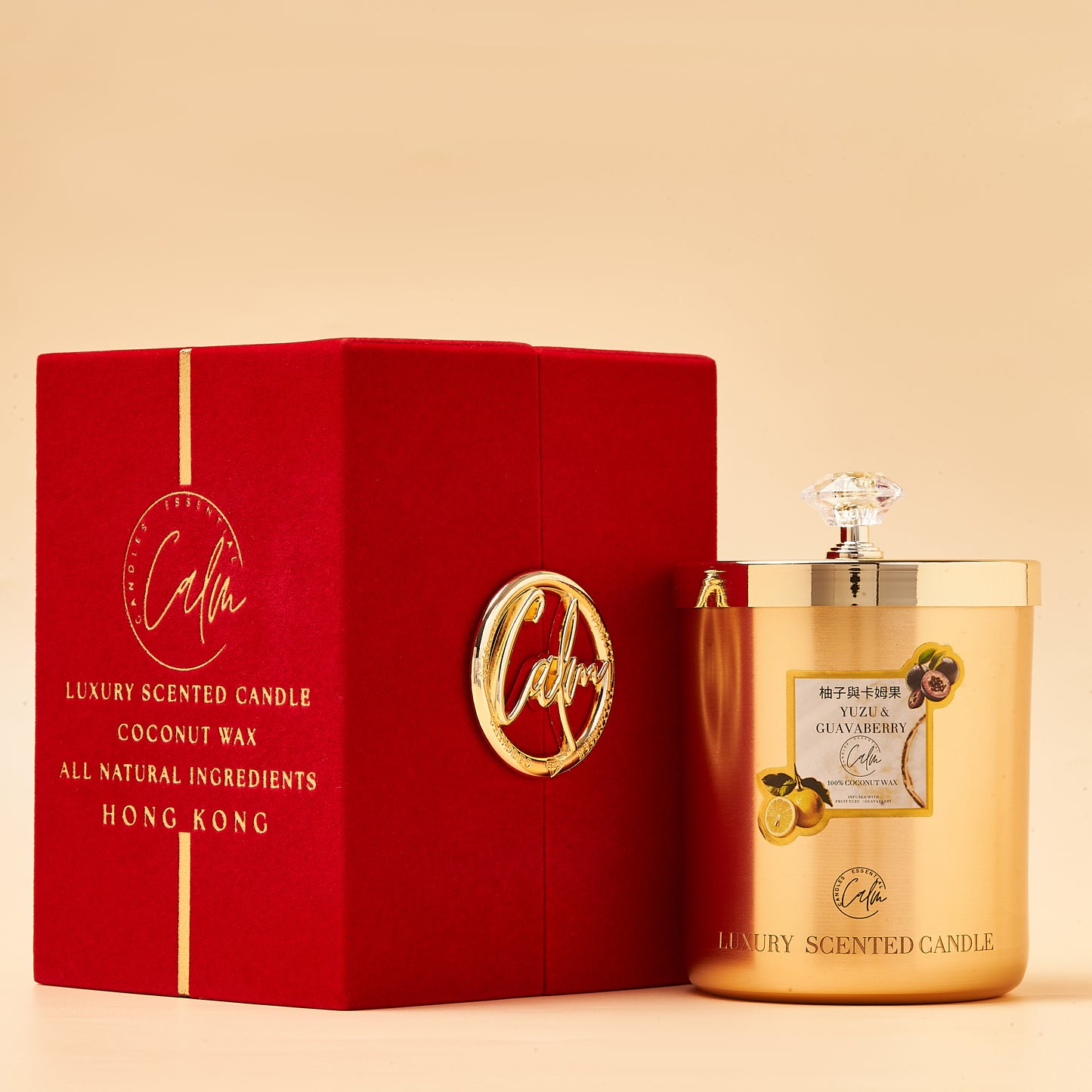 Calm Candles Essential – Yuzu & Guavaberry Metal Gold Velvet Collection  | Made with Premium Coconut Wax & Cherry Wooden Wick